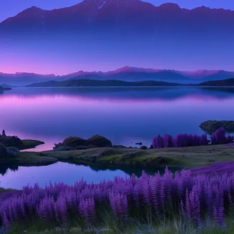 purple flowers in a field next to a lake and mountains, new zealand landscape, beautiful lake background, stunning nature in background, beautiful lake, breathtaking landscape, new zealand, a beautiful landscape, beautiful landscape, beautiful serene lands...