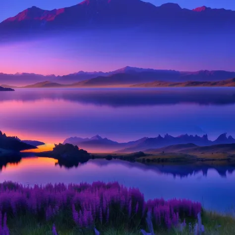 purple flowers in a field next to a lake and mountains, new zealand landscape, beautiful lake background, stunning nature in background, beautiful lake, breathtaking landscape, new zealand, a beautiful landscape, beautiful landscape, beautiful serene lands...