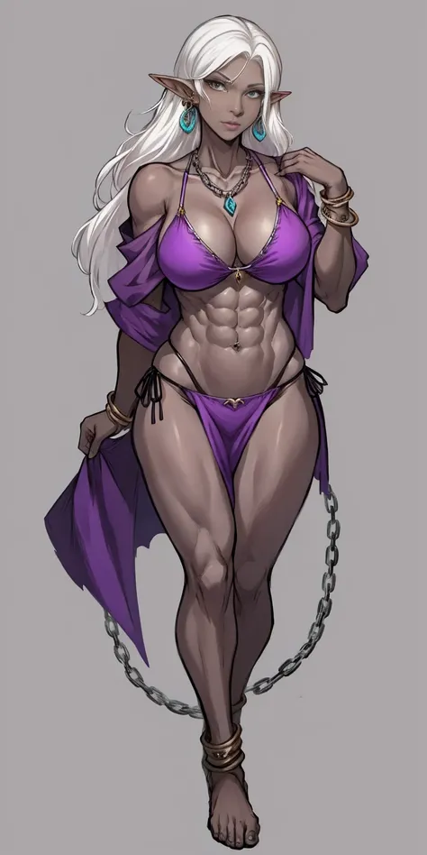 Appearance
Gender: Female
Age: Mature
Race: Drow (elf with dark skin and white hair)
Height: Full-body
Skin: Gray
Skin: Gray
Background: Plain Gray
Eyes: Purple
Attire: Bikini, revealing abdominal muscles
Accessories: Large earrings, ragged rags, chain nec...