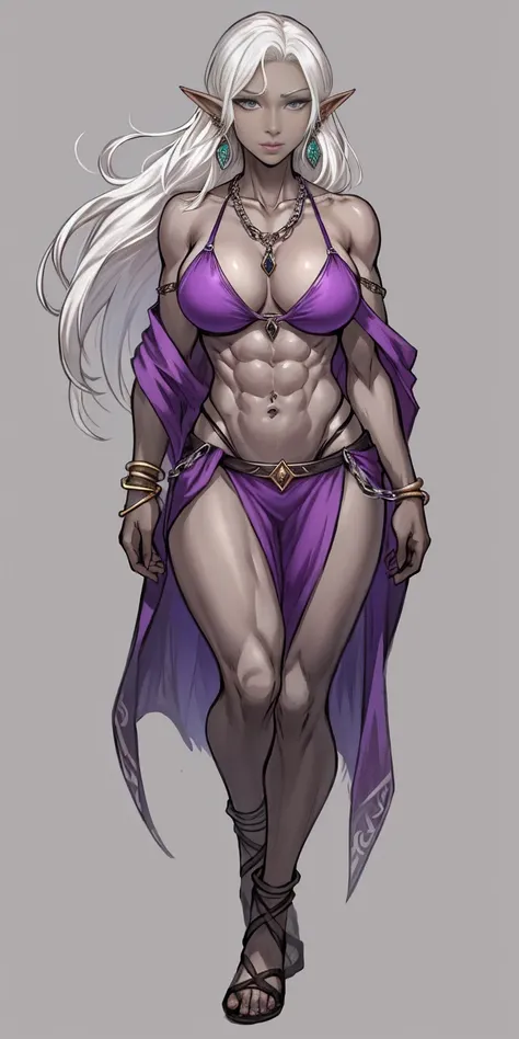 Appearance
Gender: Female
Age: Mature
Race: Drow (elf with dark skin and white hair)
Height: Full-body
Skin: Gray
Skin: Gray
Background: Plain Gray
Eyes: Purple
Attire: Bikini, revealing abdominal muscles
Accessories: Large earrings, ragged rags, chain nec...