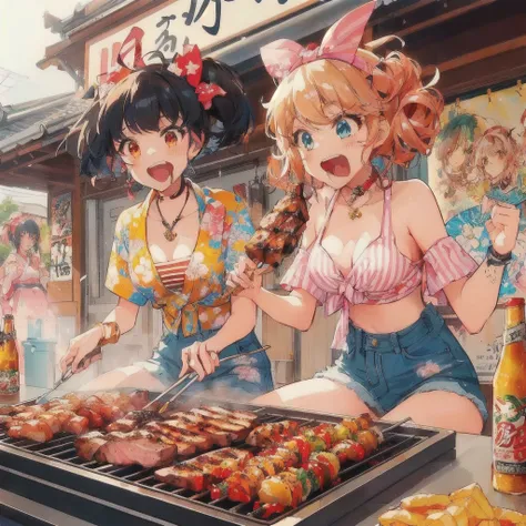 anime characters cooking on a grill with a lot of food, Grilling meat,Angry,Anime Food, everyone, cooking it up, Kantai Collection Style, High quality anime art style, Anime Girls, two beautiful Anime Girls, 80s anime style,Lofi,Beautiful anime artwork, co...