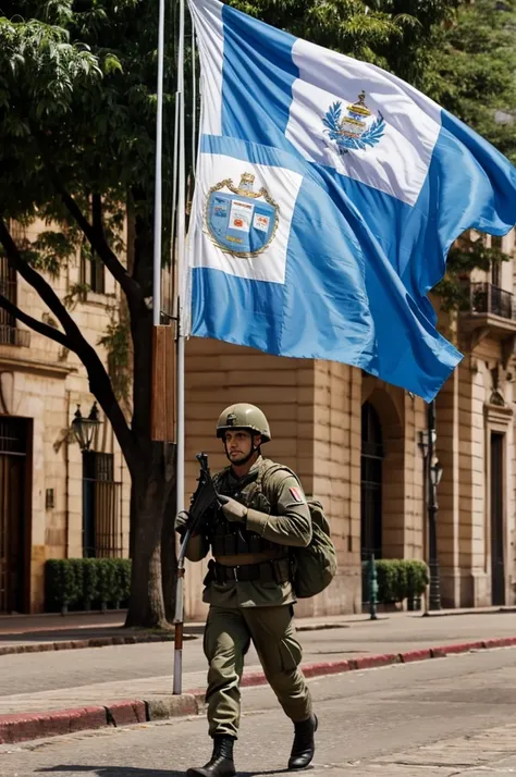 Flag of Argentina Chile Uruguay in the background and a soldier in front carrying a fall