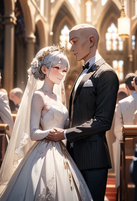 uhd, masterpiece, anatomically correct, textured skin, high details, award winning, best quality, highres, 4K, (((head shot))),Beautiful bride and groom, Lined up next to each other,wedding,People who bless those around,Inside the church,Happy atmosphere,B...