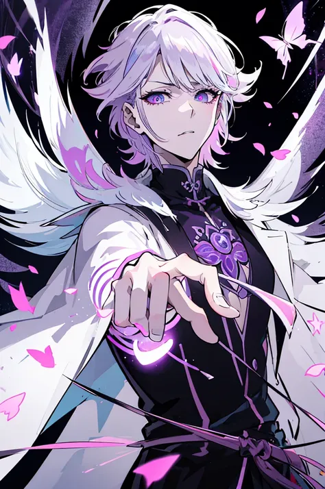 Ultra detailed, HDR, Highres, absurdres, master piece, Sakamaki Izayoi, expressive violet eyes, white hair with bangs, white eyelashes, Jujutsu Kaisen, black coat with patterns, black tight shirt, purple glittering butterflies, purple ice, petals, purple i...