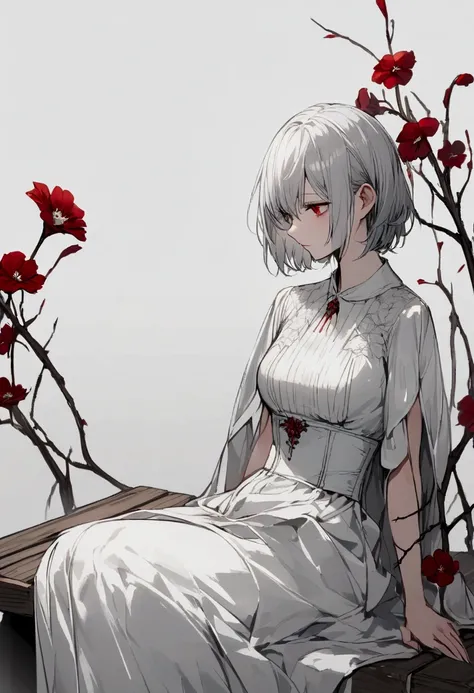 Light gray background, woman sitting on bench, silver hair, short hair, withered red flower