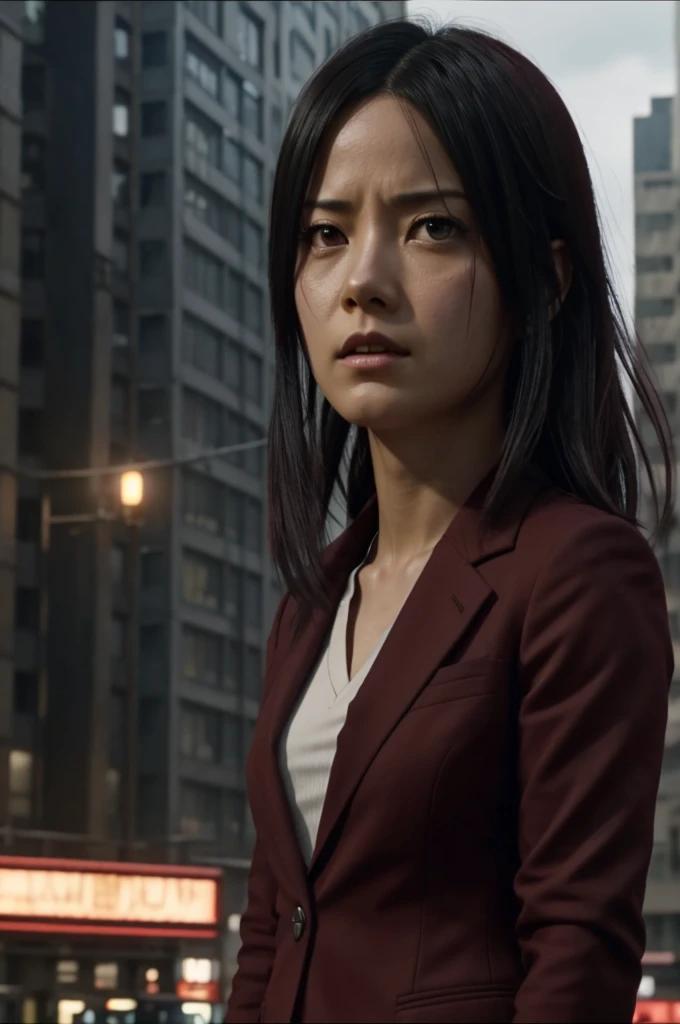 attack of titan screencap of a female black hair with burgundy tips, and red eye. A Rumbling of broken city scene behind her. She wearing a suit. MAPPA,season 4.MAPPA studio screencap.