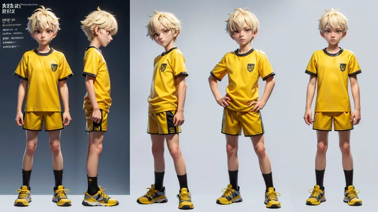 short height cute face boy, cute face, short height boy, wearing yellow pent and shirt, sports shoes, full standing pose, short white Shaggy hairs, Character Sheet, 10 yo student, Full body, Simple white background, front pose character reference sheet, Co...