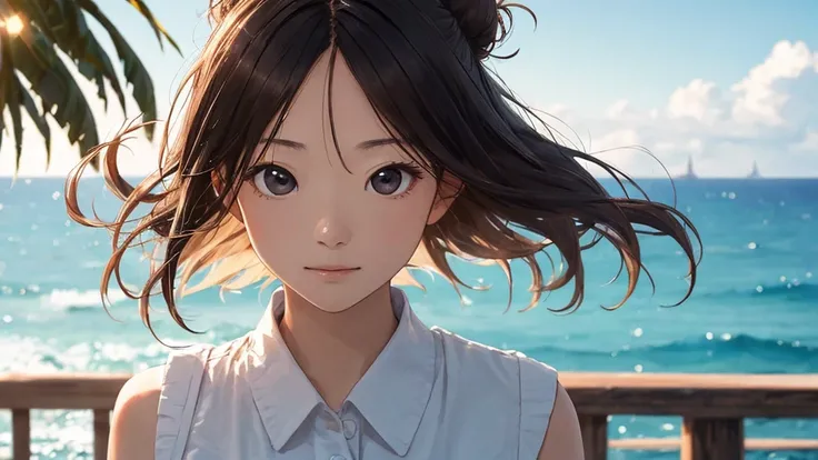 Ocean上都市、Shiraishi Mei, Looks exactly like Shiraishi Mei,Oceanの方を向いている後ろ姿、Woman looking up at the sky ,Bun Hair。,  Dark brown hair, 1 girl, 40 years old, photograph, Realistic, Highest quality, Detailed face, Strong sunlight, Ocean, Embankment, Detailed Ba...