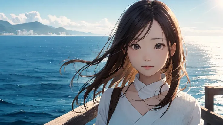 Ocean上都市、Shiraishi Mei, Looks exactly like Shiraishi Mei,Oceanの方を向いている後ろ姿、Woman looking up at the sky ,Bun Hair。,  Dark brown hair, 1 girl, 40 years old, photograph, Realistic, Highest quality, Detailed face, Strong sunlight, Ocean, Embankment, Detailed Ba...