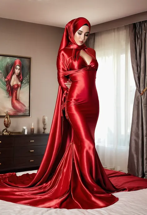 a sexy a woman covered in large red satin cloth, tied tightly with the satin cloth, mummified, the satin hanging down very long, a mermaid style dress, wearing a satin hijab, the satin cloth is very long, forming the curve of the body, wide and dramatic sa...