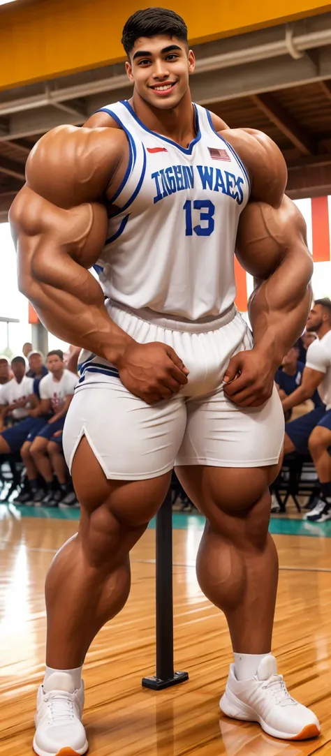 Dark skin ugly faced indian very young muscular male with a mature woman, very tall, 2.30 meters tall, 20 year old overweight  bodybuilder basketball player, school freshman in basketball clothes, cute innocent sweet young funny face, great height differen...