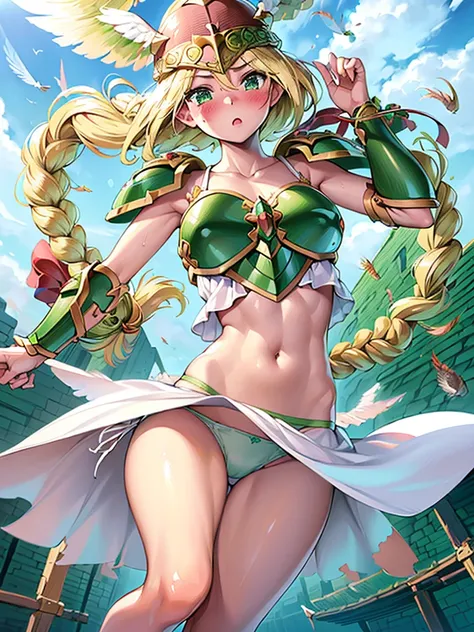 masterpiece,best quality,(1girl:1.5), 18yo, beautiful girl,BREAK,(Armor:1.3),(Helmet with wings:1.2),(Beautiful blonde,braid,Green Eyes:1.5),BREAK,(White Dress,navel exposed,Green panties:1.4),BREAK,(blush:1.5), (blue sky:1.2),(Running on clouds:1.3),(move...