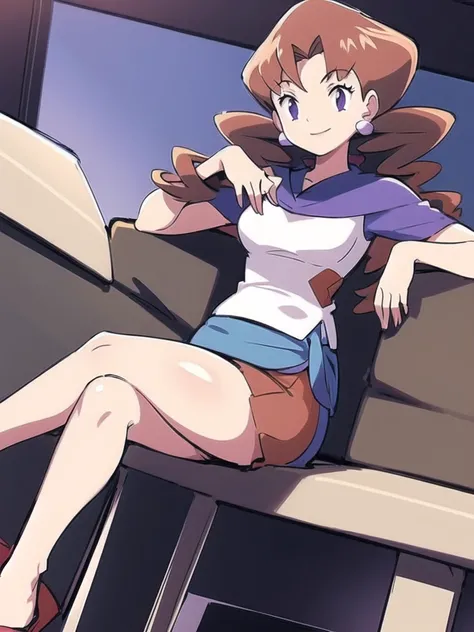 1girl, solo, sitting, looking_down, smile,crossed_legs, crossed_arms, masterpiece, high quality, best quality, Caroline_(pokemon)