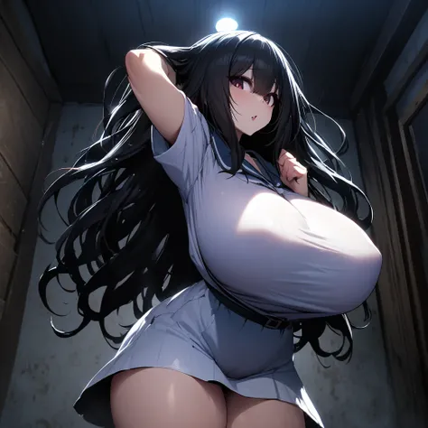 sadako,1girl,solo,super huge breasts,looking at viewer,near,standing up,in room