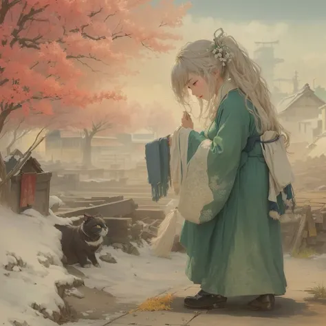 Painting of a woman in a green dress and a cat, artwork in the style of Gwaiz, Gwaiz, Gwaiz on pixiv artstation, Beautiful artwork illustration, Gwaiz on artstation pixiv, Xin Haicheng, Gwaiz masterpiece, palace ， Girl in Han Dress, by Tosa Mitsuhiro Blazi...