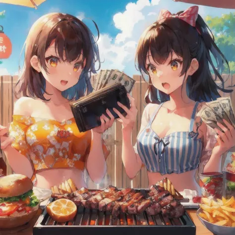 anime characters cooking on a grill with a lot of food, Grilling meat,Angry man holding wallet and bills,Anime Food, everyone, cooking it up, Kantai Collection Style, High quality anime art style, Anime Girls, two beautiful Anime Girls, 80s anime style,Lof...