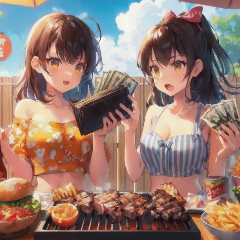 anime characters cooking on a grill with a lot of food, Grilling meat,Angry man holding wallet and bills,Anime Food, everyone, cooking it up, Kantai Collection Style, High quality anime art style, Anime Girls, two beautiful Anime Girls, 80s anime style,Lof...