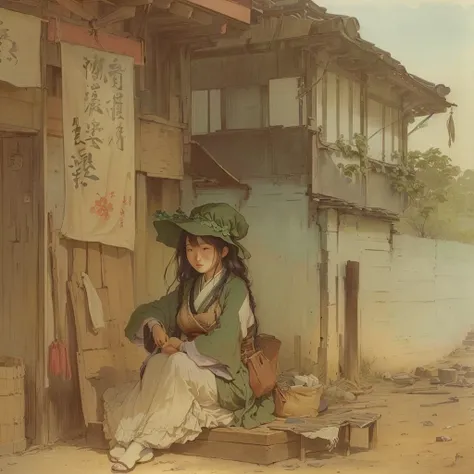 Animated scene with a woman in a green hat and dress sitting on a suitcase, Inspired by Carl Spitzweg, Luan Jia and Arthur Rackham, Sosei, by Kamisaka Sekka, inspired by Yoshihiko Wada, Written by Zou Zhe, Gwaiz, artwork in the style of Gwaiz, Posca Demiz ...