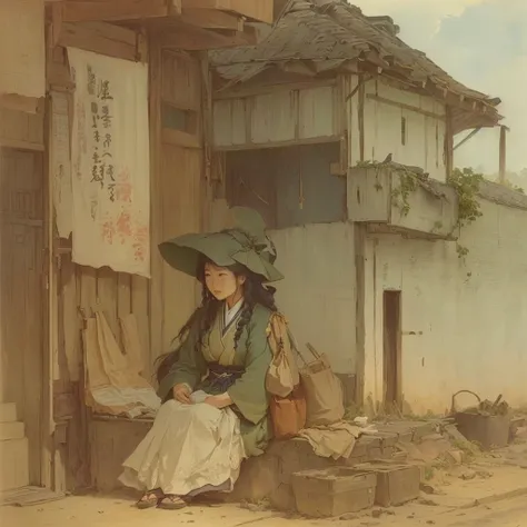 Animated scene with a woman in a green hat and dress sitting on a suitcase, Inspired by Carl Spitzweg, Luan Jia and Arthur Rackham, Sosei, by Kamisaka Sekka, inspired by Yoshihiko Wada, Written by Zou Zhe, Gwaiz, artwork in the style of Gwaiz, Posca Demiz ...