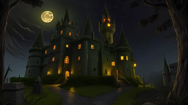 Castelo Halloween, the night, Sombio, dark, Night Castle, Moonlight, dark path, stone road, haunted, Terror, fear, murky, MACABRO