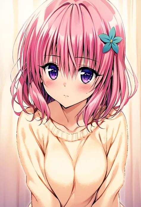 One girl, momo beria deviluke,pink short hair,purple eyes,floral hair accessory, pastel colors, soft lighting, fluffy sweater,Style of Yabuki Kentaro, To Love-Ru art style,masterpiece, best quality,absurdres