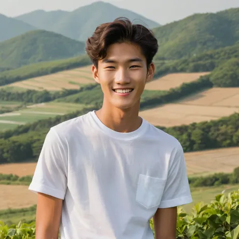 A 19-year-old high school boy from a rural area in South Korea, standing outside with a slightly tan complexion. He is wearing a with a white shirt, dark pants. His hair is very short, The background features a picturesque countryside scene with fields, tr...