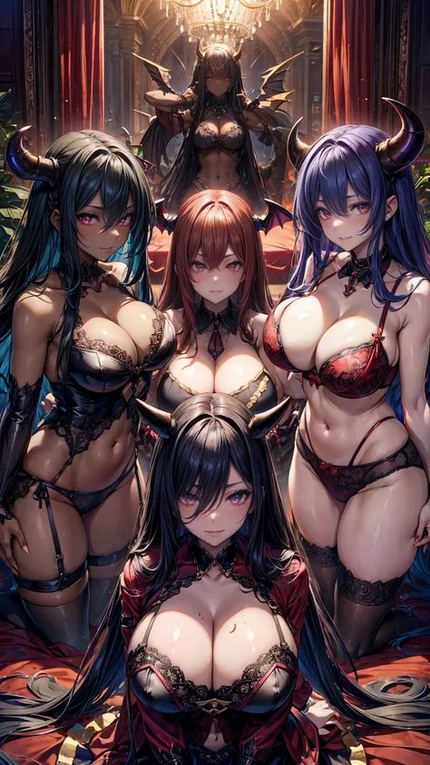 Three Succubuses 、Harem , Black Horn,  Different hair lengths, Cleavage, sexy, Dark Skin, Big Breasts, Thick thighs, Multiple women, Behind them is a luxurious red room、Provocative smile.sexyな下着、Lace Underwear、transformation、Lewd、Half Top Bra、sexyなショーツ、A s...