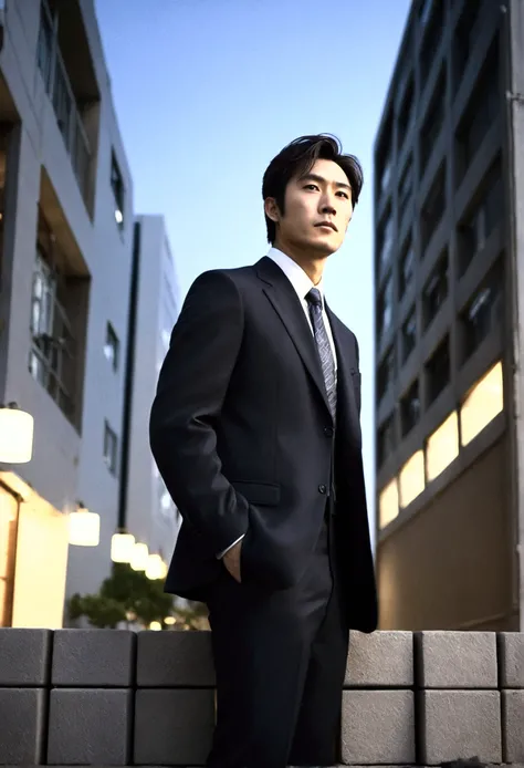 masterpiece,better_quality,1 Japanese man,through the blocks,Business suit,exterior,urban landscape,evening,dramatic angle