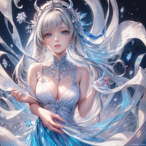 (best quality:1.4), (masterpiece:1.4), ultra-high resolution, 8K, CG, exquisite, upper body, solitude, Thumbelina, little princess, blue taffeta court dress, snowflake background, detailed facial features, silver-gray hair, almond-shaped eyes, intricate ey...