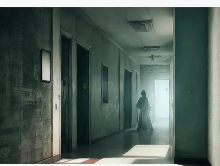 create an image of a ghost in a hospital corridor, styled like a scene from a horror movie. the ghost should have an eerie, ethe...