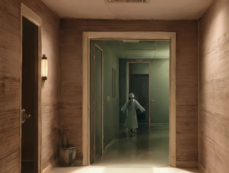 Create an image of a ghost in a hospital corridor, styled like a scene from a horror movie. The ghost should have an eerie, ethereal appearance, partially transparent, with a menacing aura. The hospital corridor is dimly lit, with flickering lights casting...