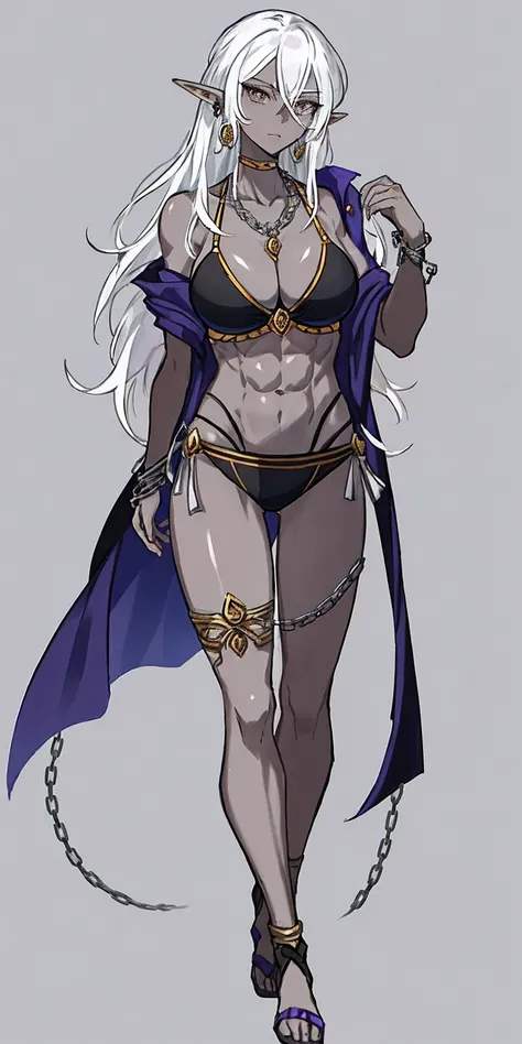 Appearance
Gender: Female
Age: Mature
Race: Drow (elf with dark skin and white hair)
Height: Full-body
Skin: Gray
Skin: Gray
Background: Plain Gray
Eyes: Purple
Attire: Bikini, revealing abdominal muscles
Accessories: Large earrings, ragged rags, chain nec...