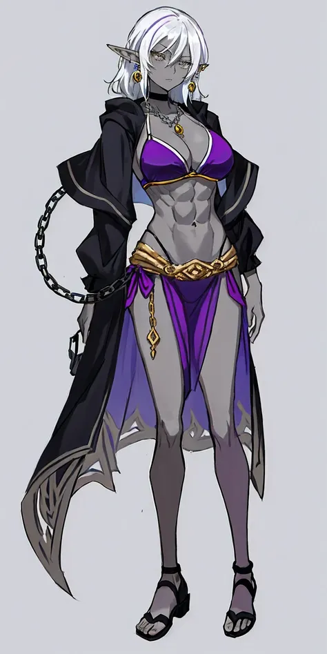 Appearance
Gender: Female
Age: Mature
Race: Drow (elf with dark skin and white hair)
Height: Full-body
Skin: Gray
Skin: Gray
Background: Plain Gray
Eyes: Purple
Attire: Bikini, revealing abdominal muscles
Accessories: Large earrings, ragged rags, chain nec...