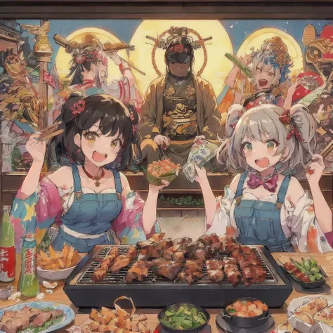 anime characters cooking on a grill with a lot of food, Grilling meat,With the Seven Lucky Gods,Angry with a banknote,Anime Food, everyone, cooking it up, Kantai Collection Style, High quality anime art style, Anime Girls, two beautiful Anime Girls, 80s an...