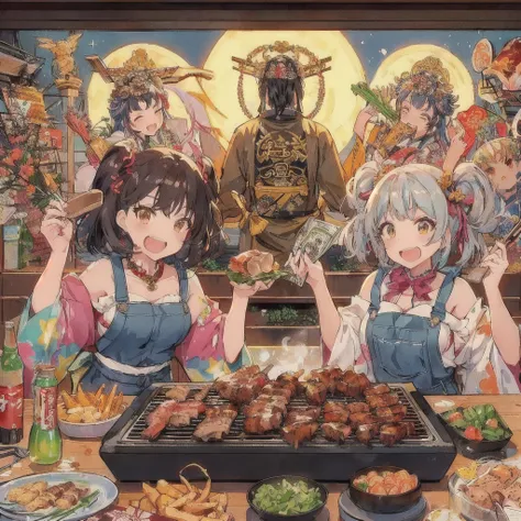 anime characters cooking on a grill with a lot of food, Grilling meat,With the Seven Lucky Gods,Angry with a banknote,Anime Food, everyone, cooking it up, Kantai Collection Style, High quality anime art style, Anime Girls, two beautiful Anime Girls, 80s an...