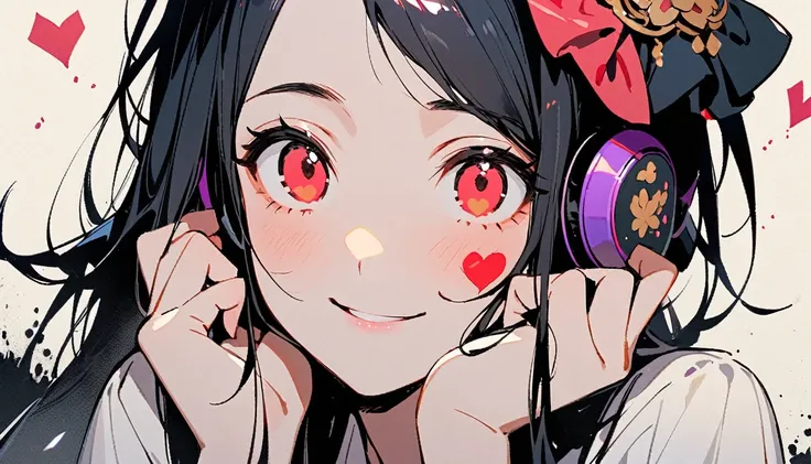 ((Ink Painting)), (((1 girl))), (((Heart tattoo on face))), (((Gorgeous hair accessories))), Japanese style headphones, face close-up, Japanese beautiful girl, Black Hair, Put your hands on your face, smile, devil, Droopy eyes, Red eyes