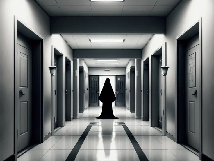 Create an image of a ghost in a hospital corridor, styled like a scene from a horror movie. The ghost should have an eerie, ethereal appearance, partially transparent, with a menacing aura. The hospital corridor is dimly lit, with flickering lights casting...