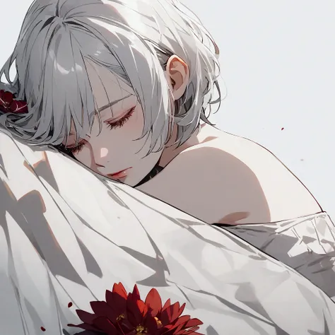 Light gray background, woman lying on bench, silver hair, short hair, withered red flower