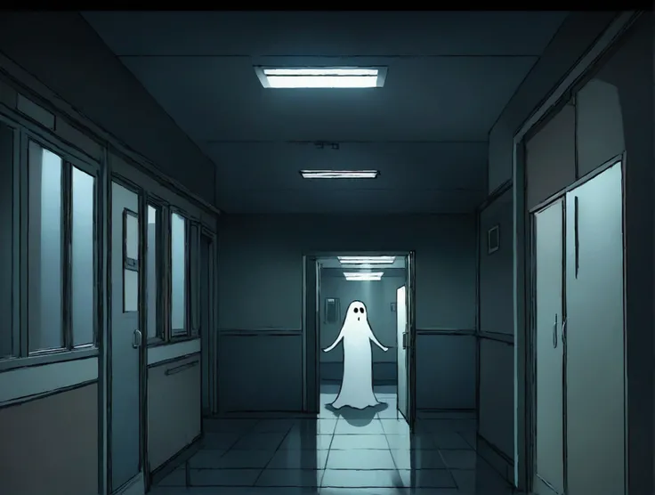 Create an image of a ghost in a hospital corridor, styled like a scene from a horror movie. The ghost should have an eerie, ethereal appearance, partially transparent, with a menacing aura. The hospital corridor is dimly lit, with flickering lights casting...