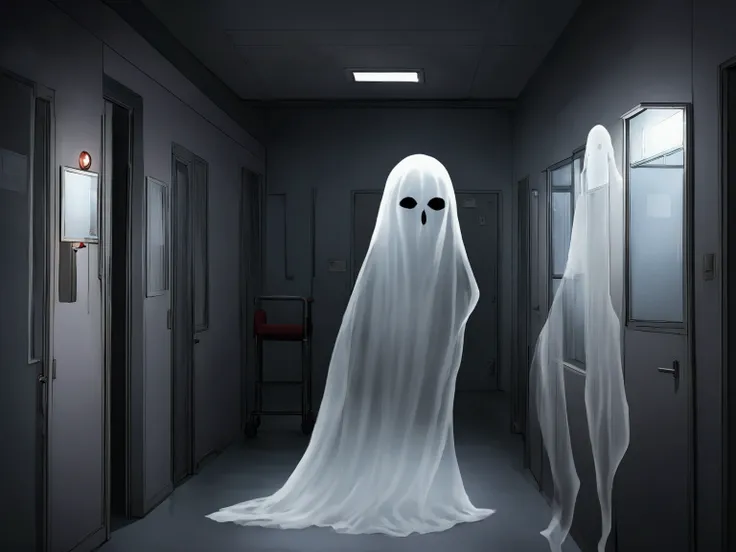 Create an image of a ghost in a hospital corridor, styled like a scene from a horror movie. The ghost should have an eerie, ethereal appearance, partially transparent, with a menacing aura. The hospital corridor is dimly lit, with flickering lights casting...