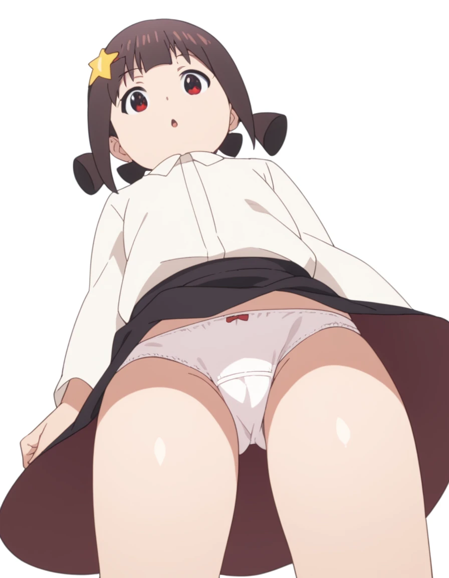 komekko, White background, Whole body, naive face, looking at the viewer, child_ black skirt, white socks, White shirt, layer, thighs, white panties, crotch shot, low angle, bewitching thighs, 