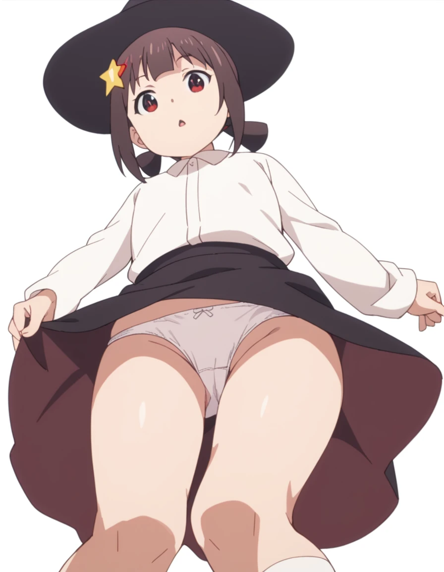 komekko, White background, Whole body, naive face, looking at the viewer, child_ black skirt, white socks, White shirt, layer, thighs, white panties, crotch shot, low angle, bewitching thighs, 