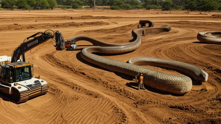 a giant dead snake being lifted by an excavator. the snake is very big and thick. 2 workers are looking shocked