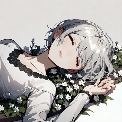 Light gray background Woman lying on bench Silver hair Short hair Withered flowers