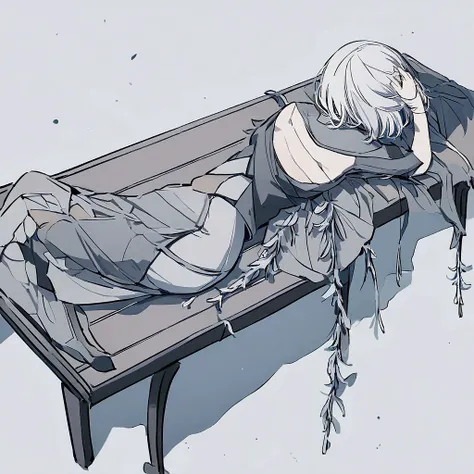 Light gray background Woman lying on bench Silver hair Short hair Withered flowers