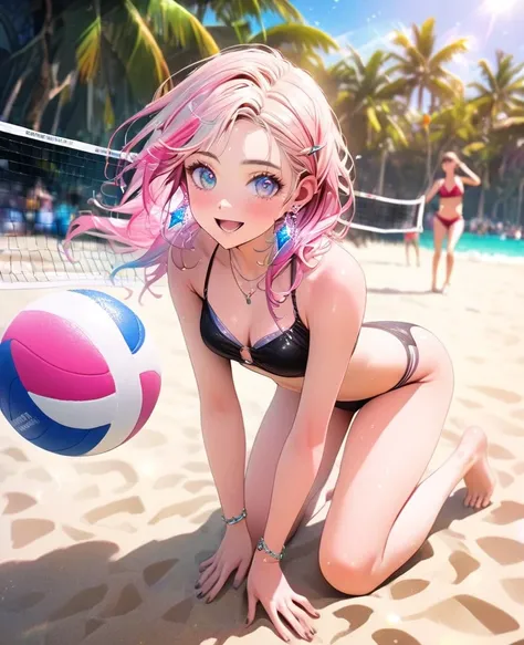 8K,gal，an extremely delicate and beautiful,Beautiful and realistic skin,Shiny jewel-like earrings,Shine like glitter long colorful hair,beautiful eyes,bikini,beach volleyball,pink ball,beautiful beach,glitter background,full body