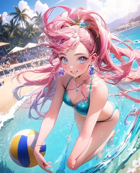 8K,gal，an extremely delicate and beautiful,Beautiful and realistic skin,Shiny jewel-like earrings,Shine like glitter long colorful hair,beautiful eyes,bikini,beach volleyball,pink ball,beautiful beach,glitter background,full body