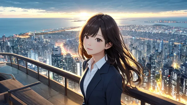 Time is night、Night Sky、Big fireworks、Shiraishi Mei, Looks exactly like Shiraishi Mei,Oceanの方を向いている後ろ姿、Woman looking up at the sky ,Long Hair,  Dark brown hair, Suit jacket、Blouse Photos, Realistic, Highest quality, Detailed face, The background is the cit...