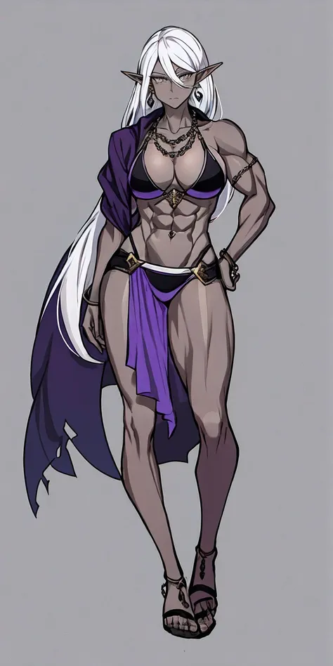 Appearance
Gender: Female
Age: Mature
Race: Drow (elf with dark skin and white hair)
Height: Full-body
Skin: Gray
Skin: Gray
Background: Plain Gray
Eyes: Purple
Attire: Bikini, revealing abdominal muscles
Accessories: Large earrings, ragged rags, chain nec...