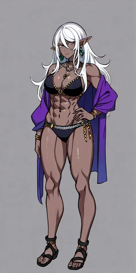 Appearance
Gender: Female
Age: Mature
Race: Drow (elf with dark skin and white hair)
Height: Full-body
Skin: Gray
Skin: Gray
Background: Plain Gray
Eyes: Purple
Attire: Bikini, revealing abdominal muscles
Accessories: Large earrings, ragged rags, chain nec...